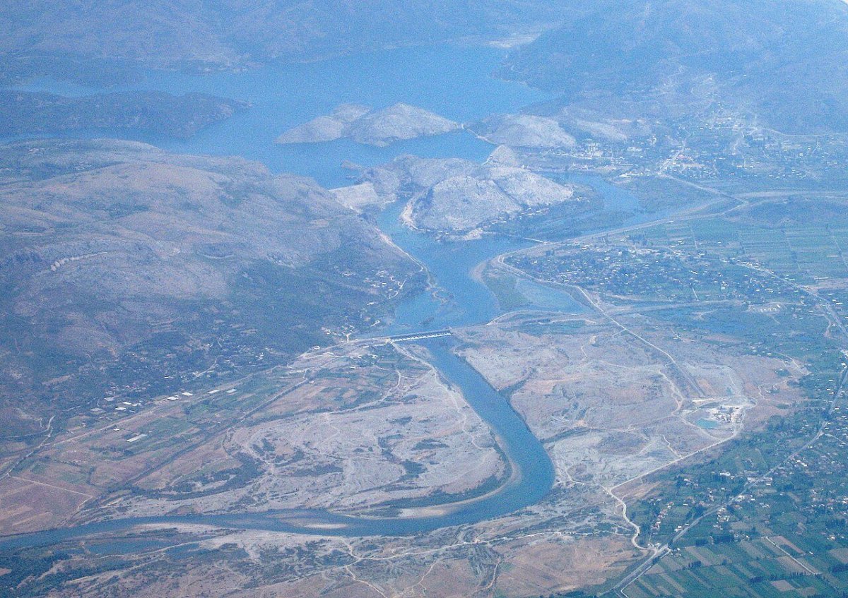 Aerial view of the Drin River and reservoir at Vau i Dejës, Albania